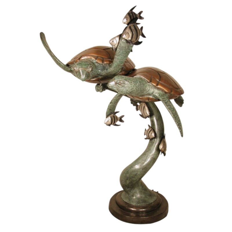 SRB074215 Bronze Two Sea Turtles with Fish Fountain Sculpture by Metropolitan Galleries Inc.
