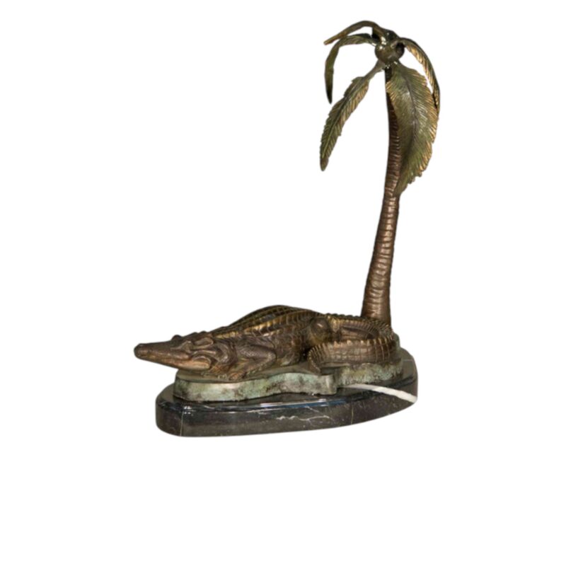 SRB075100 Bronze Alligator under Palm Tree Tabletop Sculpture on Marble Base by Metropolitan Galleries Inc.