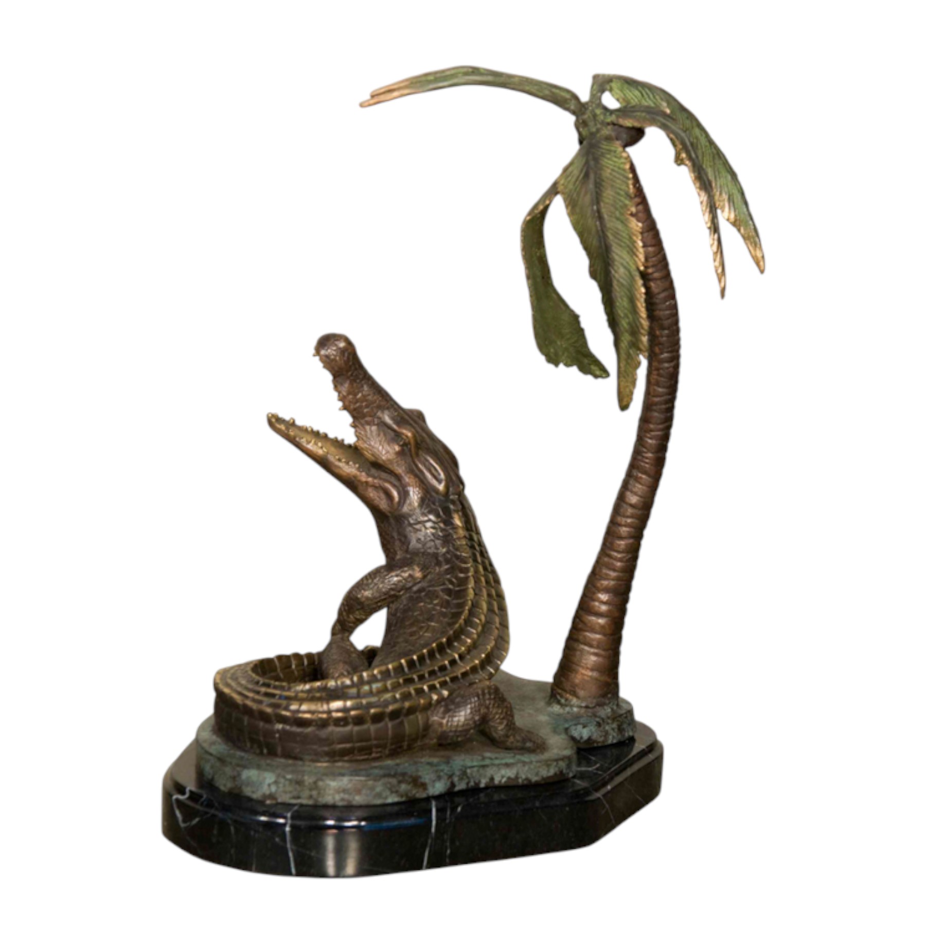 Bronze Alligator under Palm Tree on Marble Base Sculpture