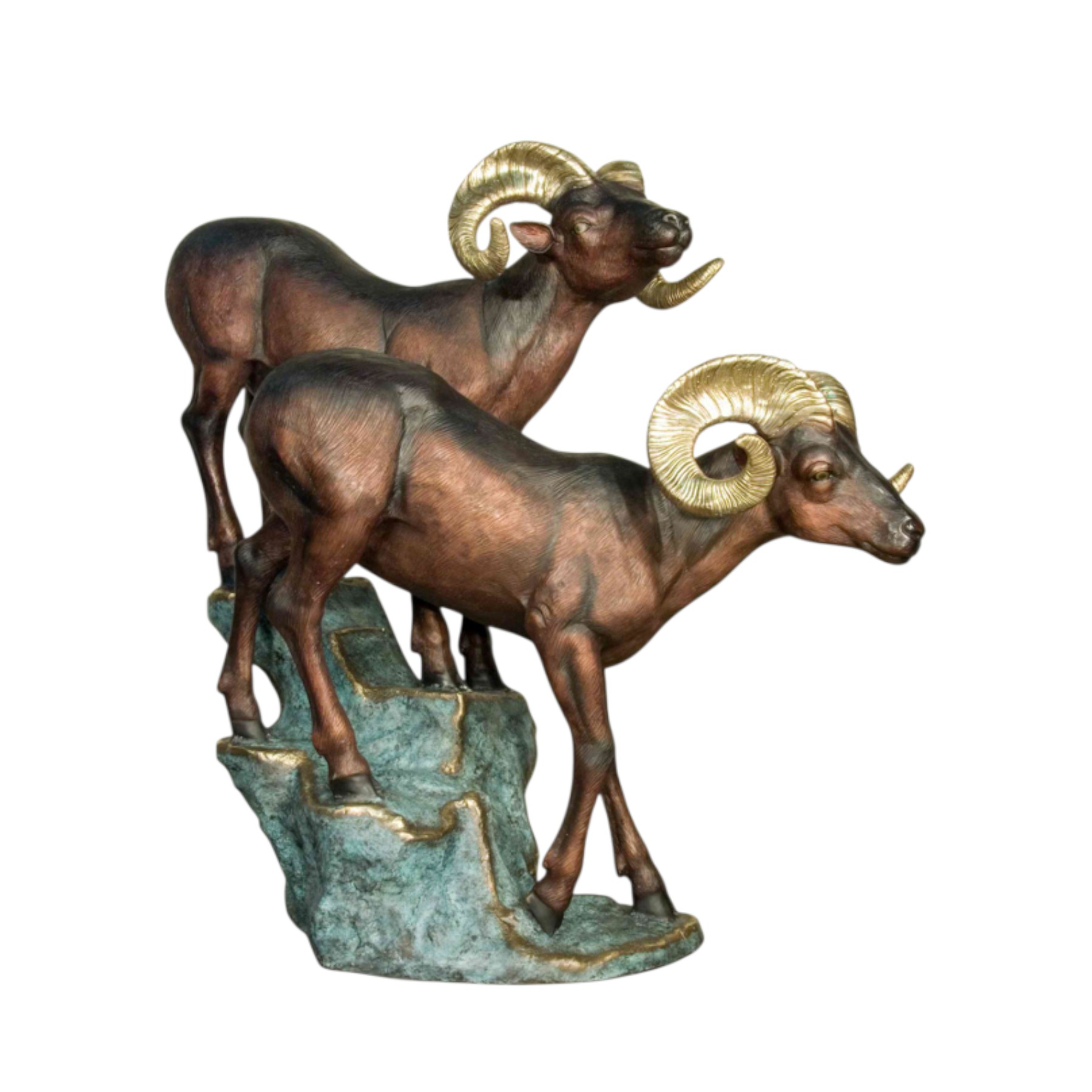 Bronze Two Big Horn Sheep on Rock Sculpture