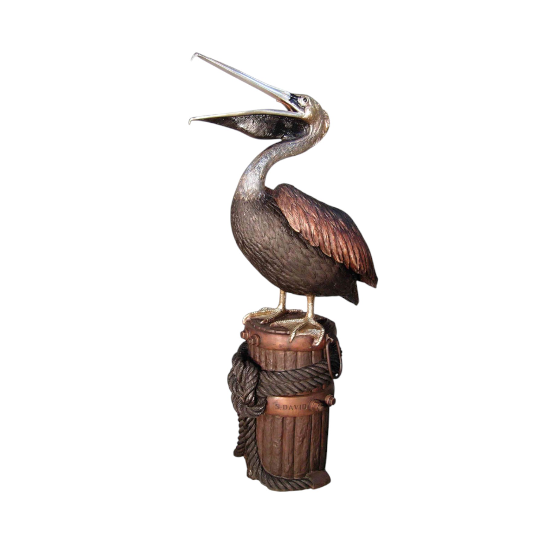 Bronze Pelican Standing on Post Sculpture