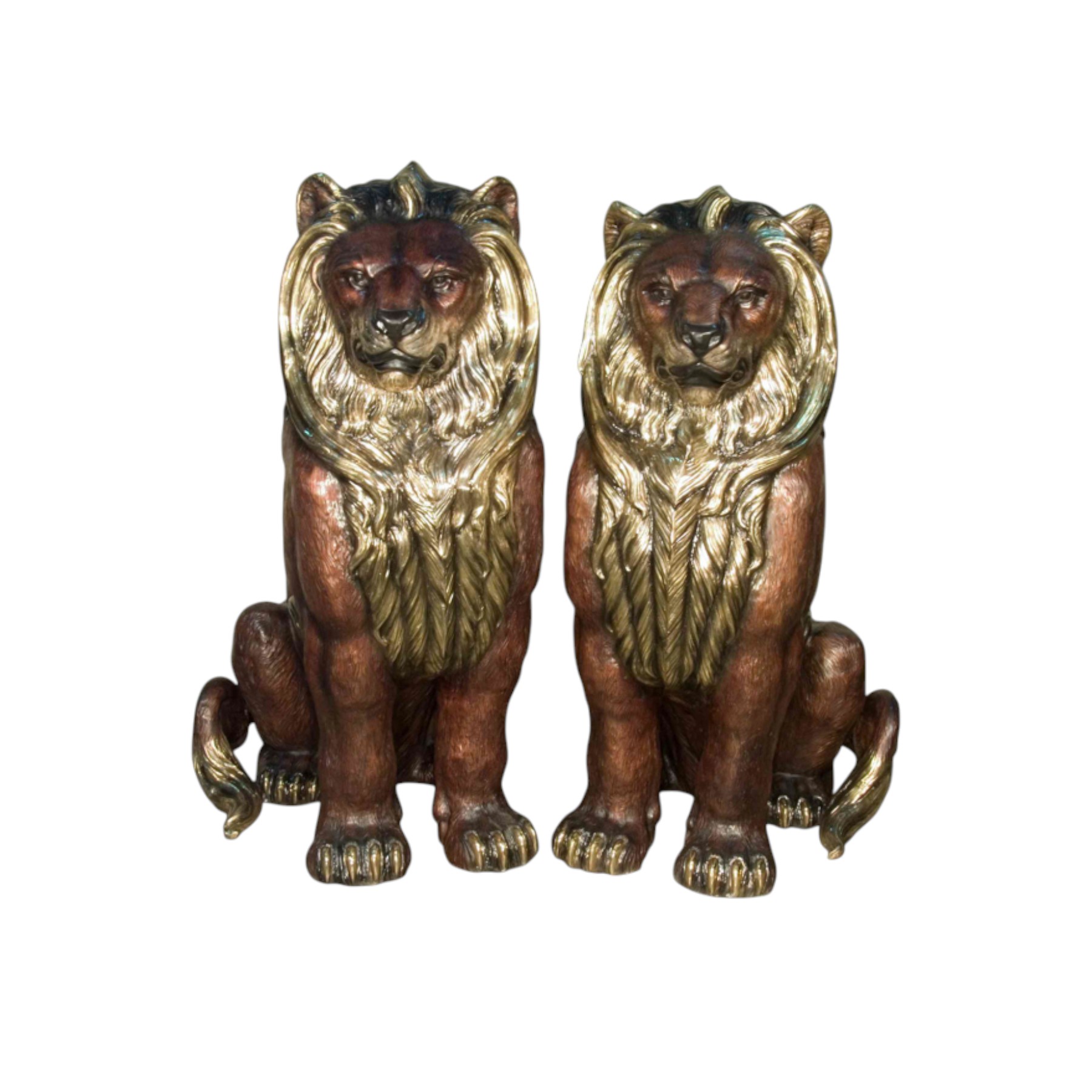 Bronze Sitting Lions with Brass Highlights Sculpture Set