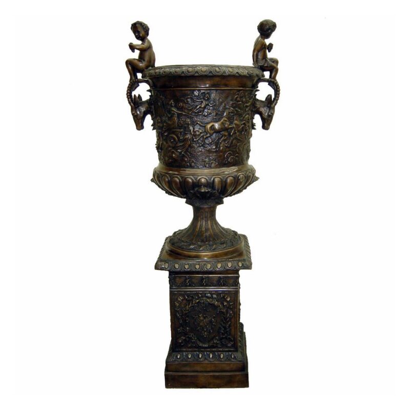 SRB703383 Bronze Classical Planter Urn with Cherubs on Pedestal by Metropolitan Galleries Inc.