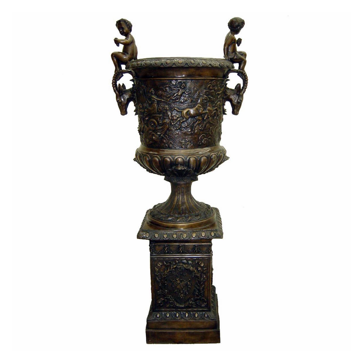 Bronze Classical Planter Urn with Cherubs on Pedestal Sculpture