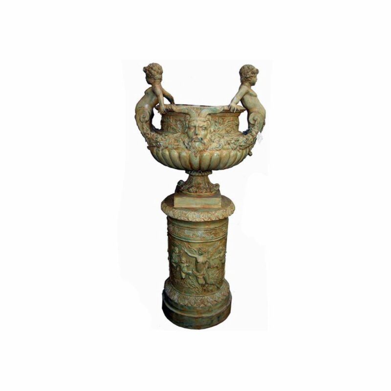 SRB705219-GR Bronze Urn with Boy Handle Sculpture by Metropolitan Galleries Inc.