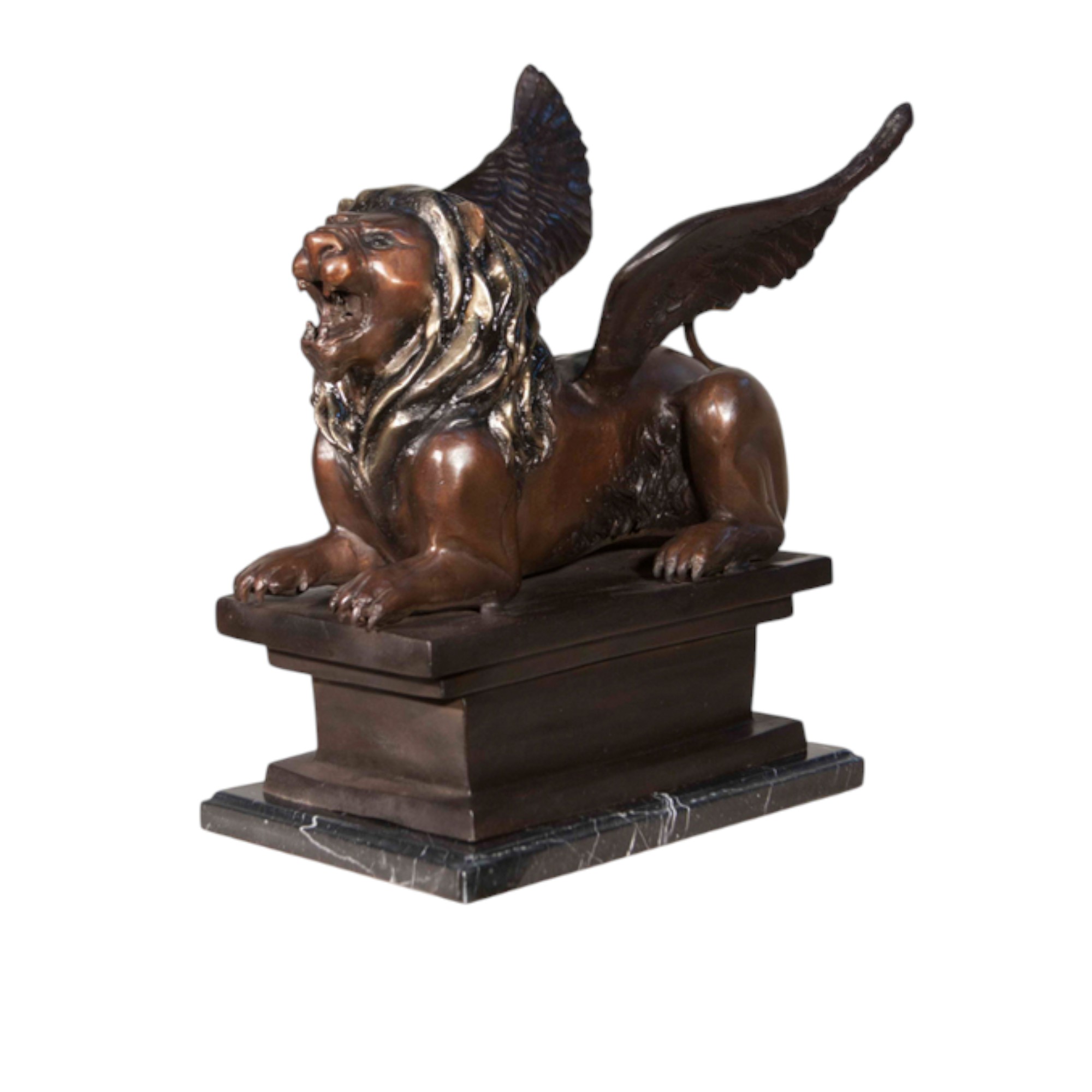 SRB088094 Bronze Lion with Wings on Marble Base Sculpture by Metropolitan Galleries Inc.