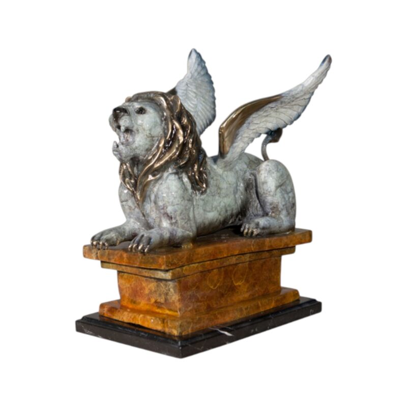 SRB088094 Bronze Lion with Wings on Marble Base Sculpture in Special Patina by Metropolitan Galleries Inc.